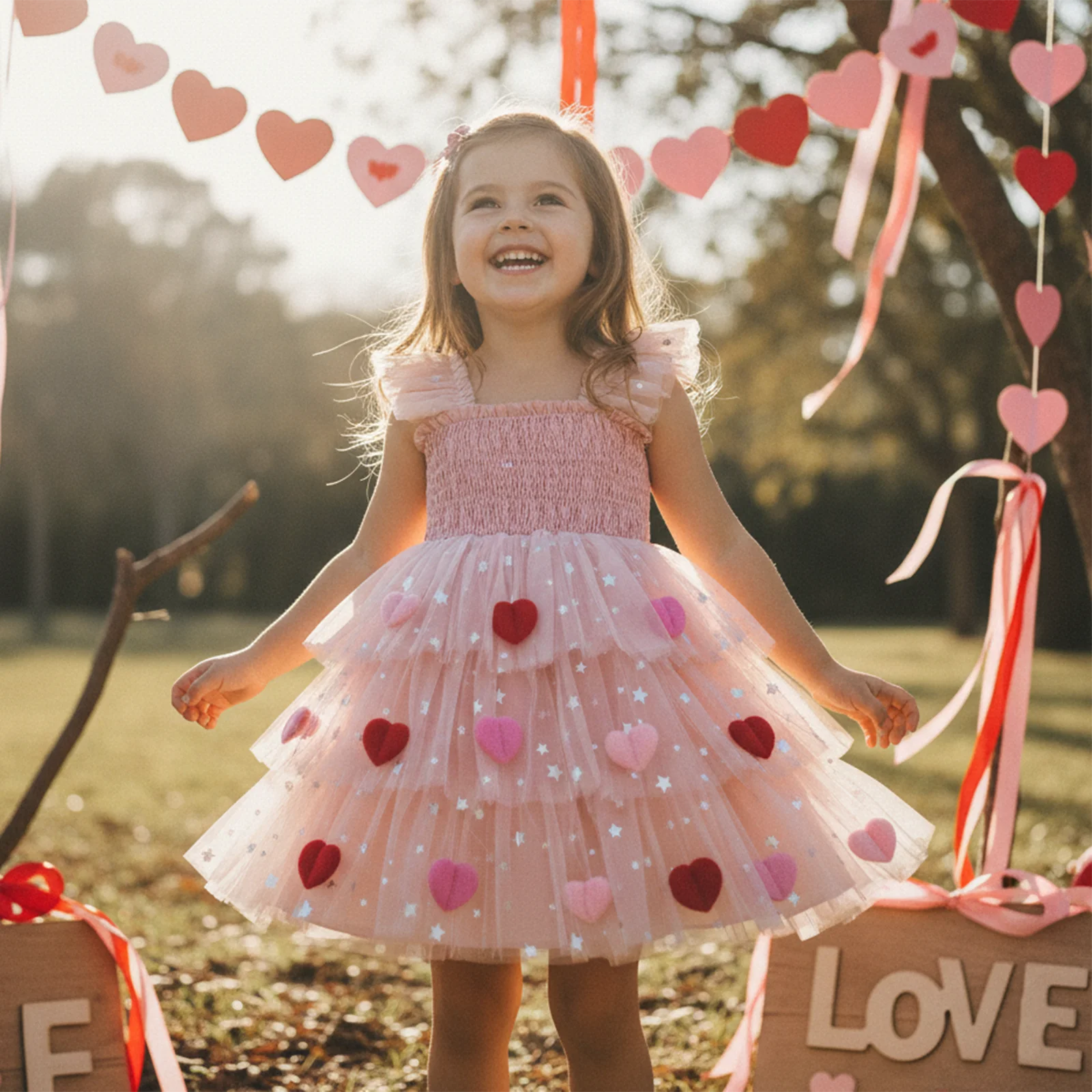 Kids Little Girls Valentine's Day Tutu Dress Adorable 3D Heart Decorated Sleeveless Square Neck Layered Tulle Dress