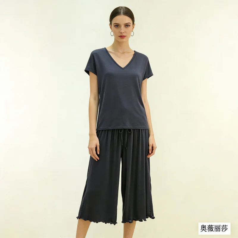 M-6XL Modal Summer Pajamas V-neck T-shirt Drawstring Cropped Pants Two-piece Set Loose Large Size Loungewear Women Nightwear