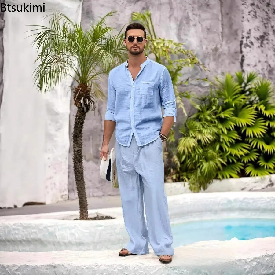 New Men's Casual Cotton Linen 2PCS Sets Stand Collar Shirt Modern Pocket Linen Pants 2-Piece Outfits Spring Casual Loose Fit Set view 3