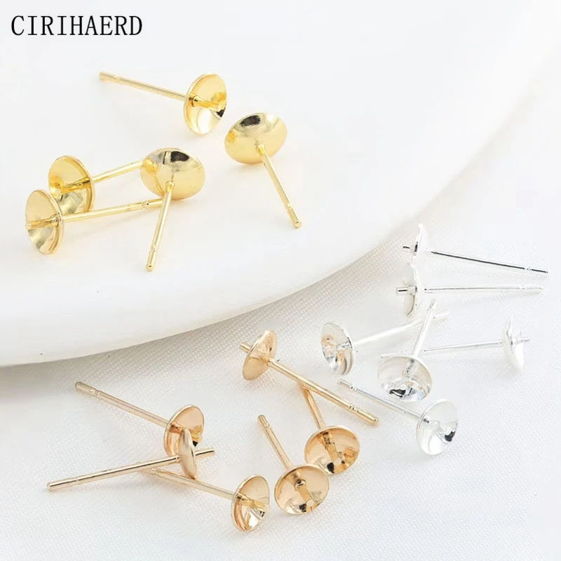 14K Gold Plated Brass Pearl Post Earring Mounting Stud Earring Posts Connector Earring Base Pins DIY Jewelry Making Accessories