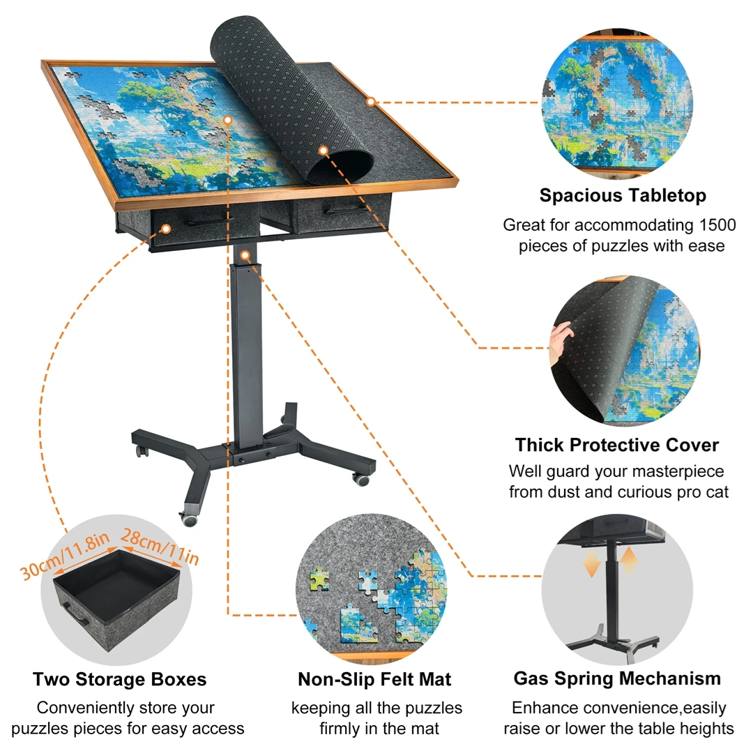Freestanding Jigsaw Puzzle Table w/ Drawers, Adjustable 1500pcs Board, 360° Rotating Wheels, Portable Workstation