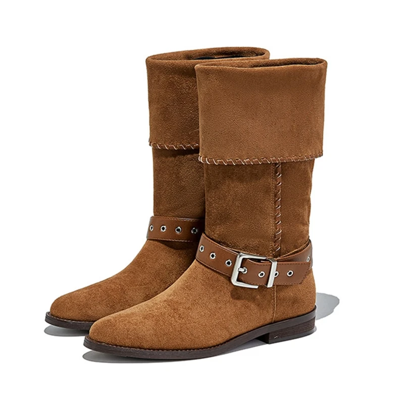 

AIYUQI2025 New Women's Western Cowboy Boots Pointed Toe, Pleated Block Heel Women Boots Large Size Vintage Mid-Calf Boots female