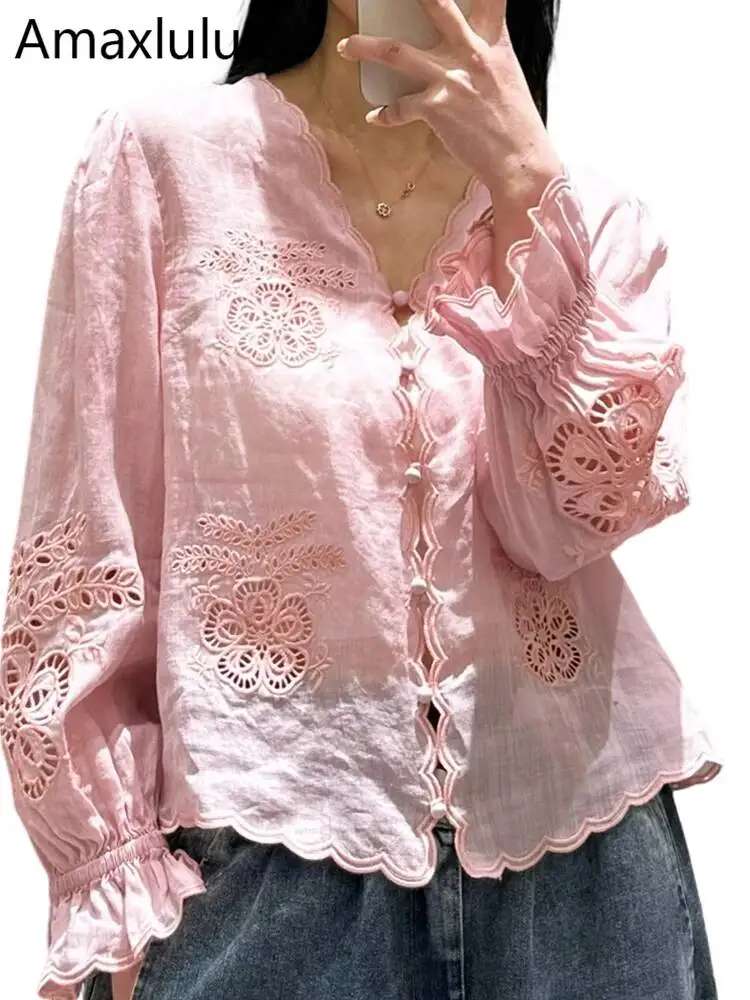 Amax LuluE 2026 Chinesisches Design Klassische Einfarbige Oberteile Damen Sommer Mode Leinen Hemden Damen Freizeit Vintage Stickerei Blusen