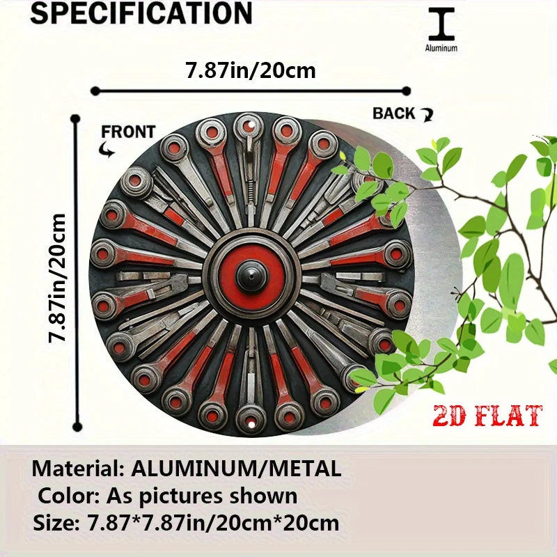 1pc 2D Flat Aluminum Wall Art Decor - Vintage Industrial Circular Wrench & Synthetic Gemstone Design, 7.8x7.8 Inch Round Metal