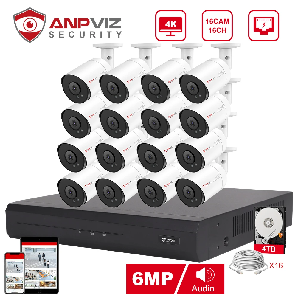 Anpviz NVR 16CH NVR 6MP POE IP Camera System Outdoor CCTV Video Security Surveillance Kit IP66 IR 30m Humanoid vehicle Detection