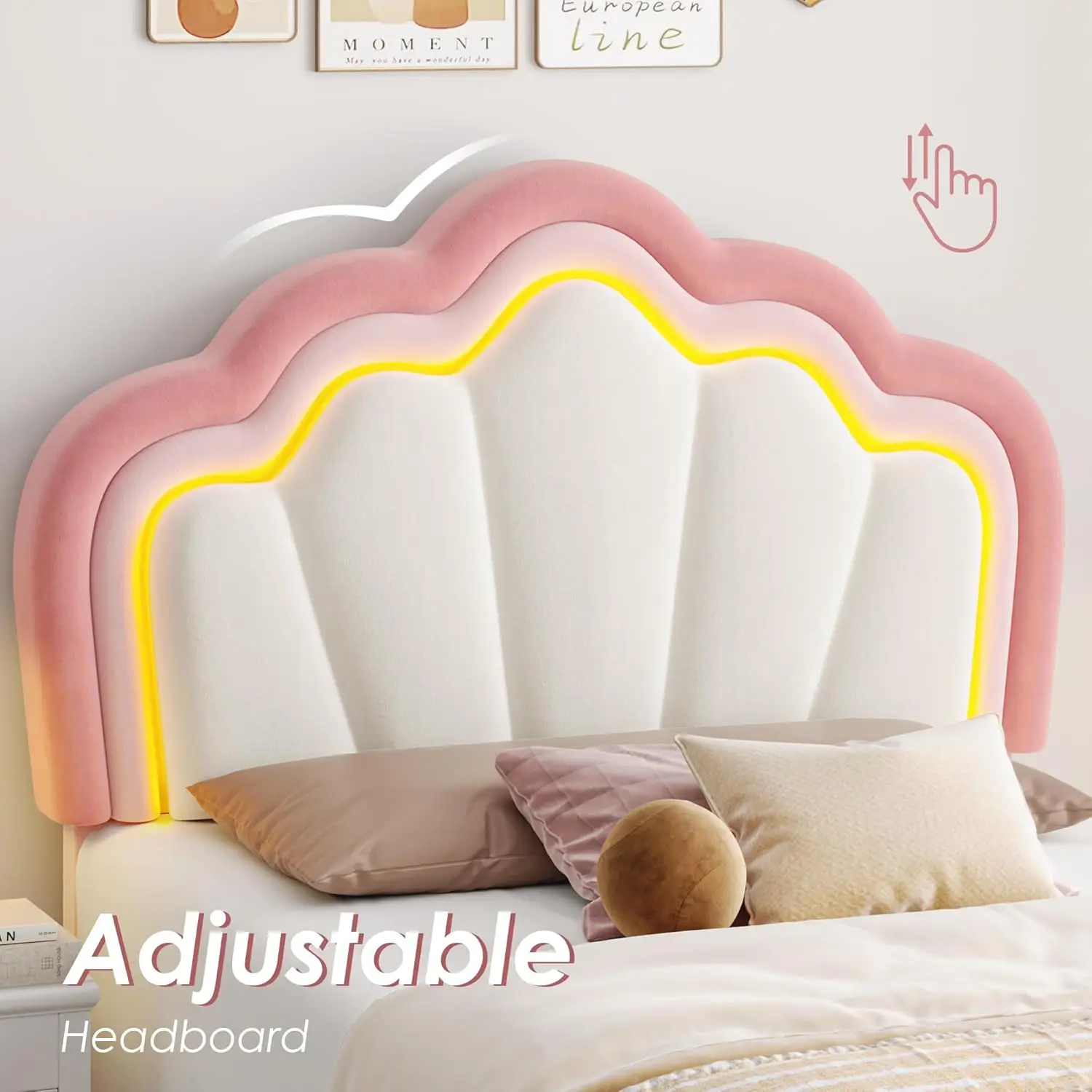 Dubbel Gestoffeerd Led Bedframe Met Opberglade, Schattig Meisjesbed Met Verstelbaar Lotushoofdeinde, Fluwelen Prinses Plateaubed