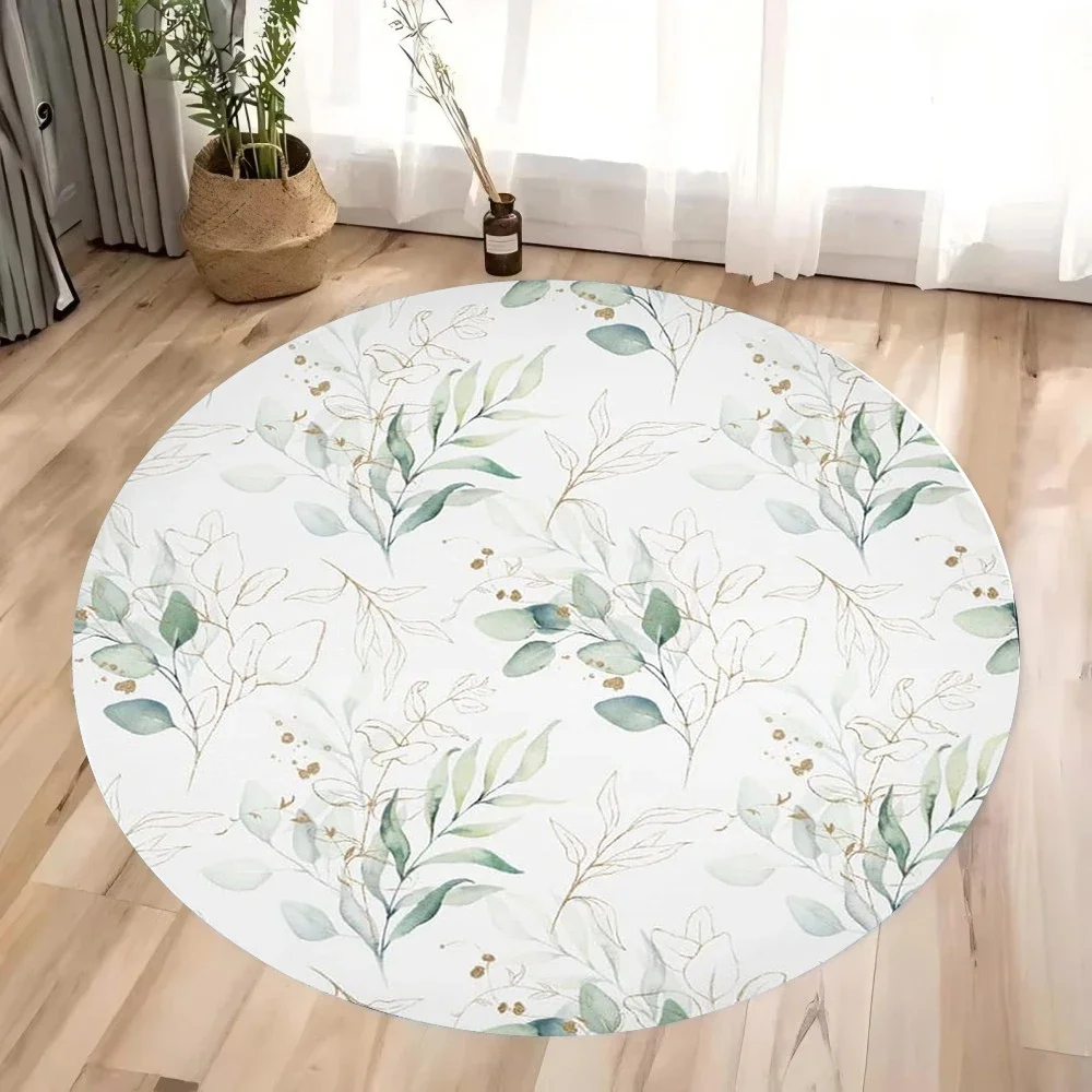 ~O~Natural Plants Leaves & Flowers Round Carpet – Non-Slip Rug for Living Room, Sofa, Bedroom, Study, Kitchen, Entrance Decor