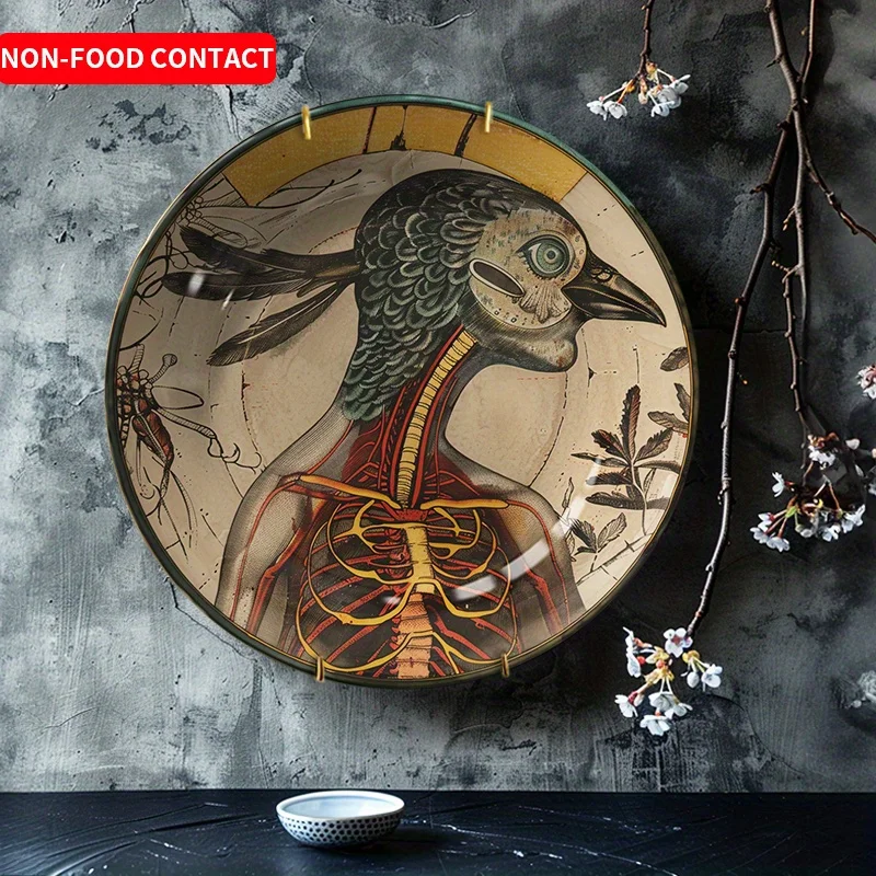 1pc Art Deco Style Ceramic Decorative Plate - Hand-Painted Bird & Skeleton Design, Non-Food Contact Home Wall Decor for Living