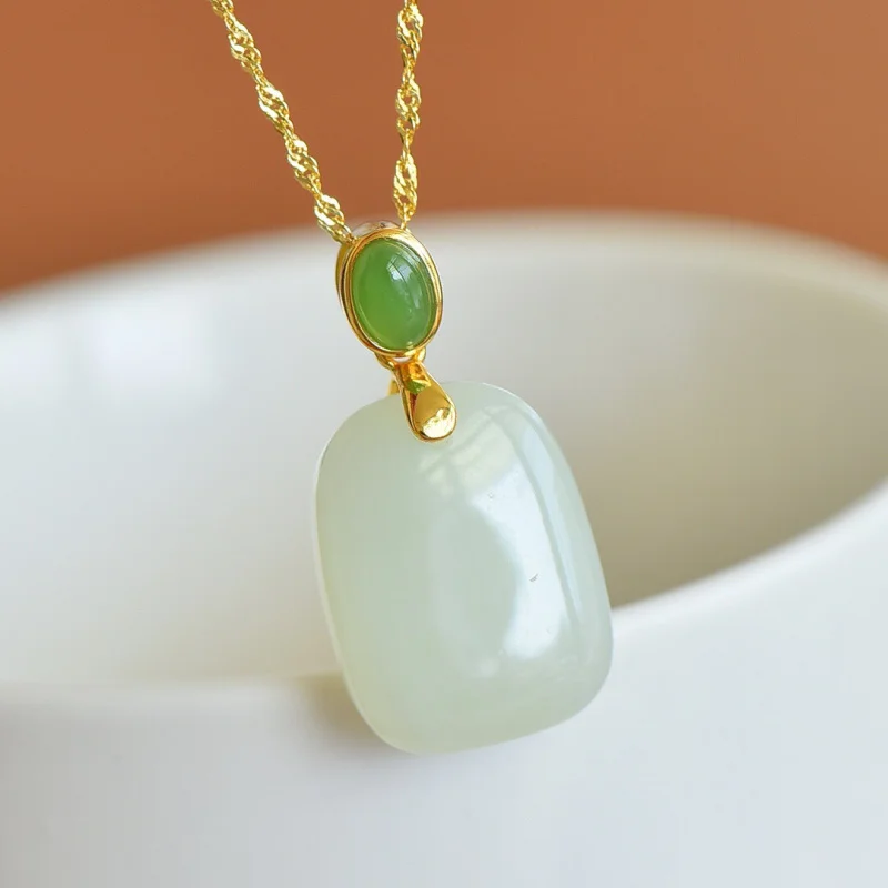 

Natural Hetian White With Jasper Peace S925 Silver Women'S Necklace Jade Pendant