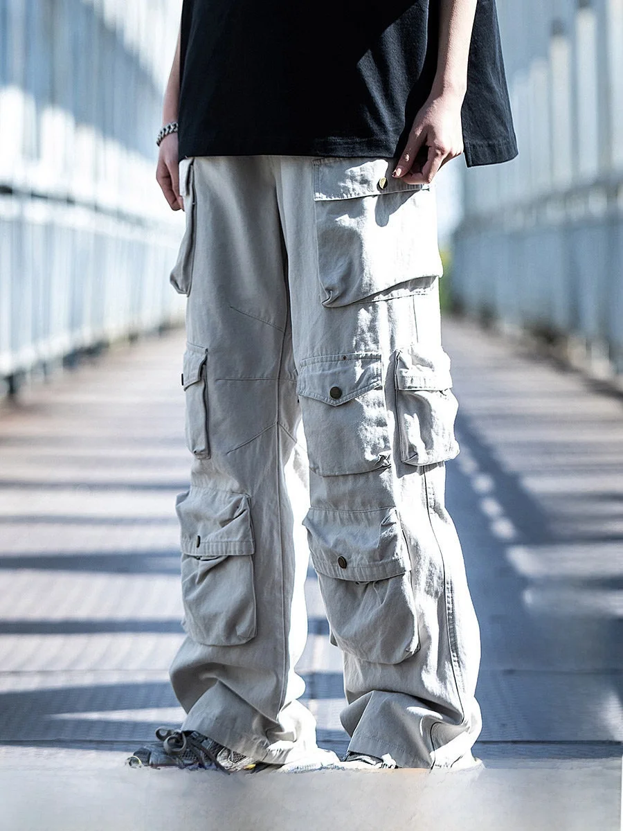 AOGZ Men's Straight Leg Workwear Pants Autumn Winter Multi-Pocket Long Trousers Wide Leg Functionality Style Casual Pants