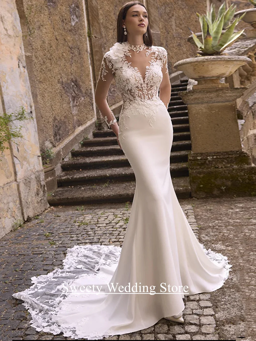 Abito da sposa sexy Vestido De Noiva maniche lunghe personalizzate vedere attraverso il corpo applique corte strascico abito da sposa a sirena