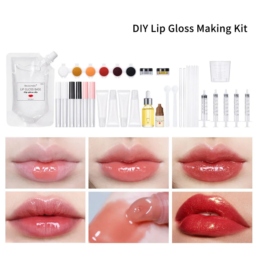 DIY Lip Gloss Kit Moisturizing Clear Lip Gloss Base Gel 100ml with Lipgloss Tubes Pigment Powder Glitter Flavor Essence Oils