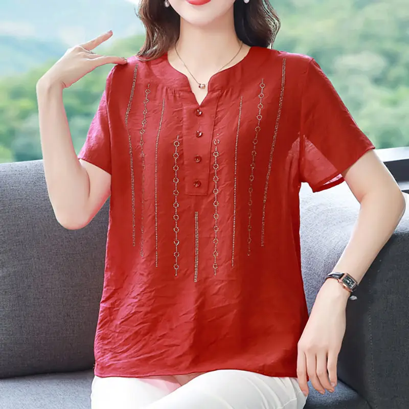 Summer New Middle-aged and Elderly Women\'s Clothing V-Neck Short Sleeve Spliced Button Solid Color Printed Commute POLO Shirt