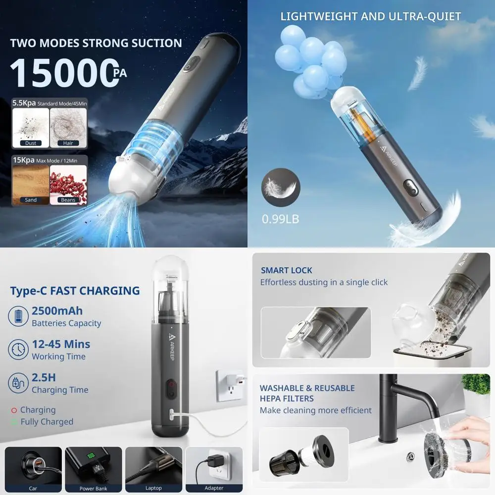 

15KPa Cordless Handheld Vacuum Cleaner with HEPA Filter, 2 Modes, Type-C Charge, Lightweight for Home, Car, Office (Dark Gray)