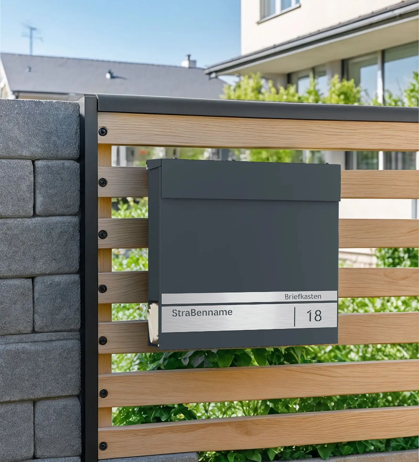 SONGMICS Postkasten personalisiert, Namensschild und Hausnummernschild, mit Schloss, Zeitungsfach, dunkelgrau