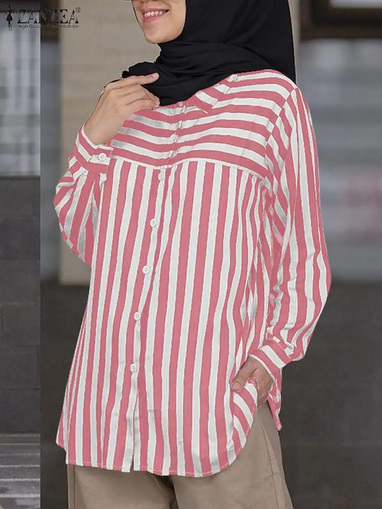 Fashion Long Sleeve Striped Shirts Women Autumn Blouses 2024 ZANZEA Muslim Hijab Tops Tunic Casual Buttons Up Work Blusas Femme