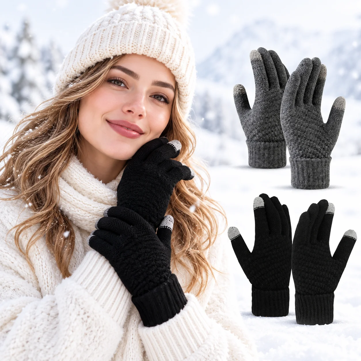 Winter Touch Screen Gloves for Men Women, Warm Knitted Gloves, Soft Stretch Cuff, Full Finger Thermal Gloves