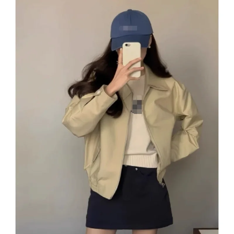 

Early Spring Casual Lapels Versatile Women Loose Long Sleeves Zippers Solid Pockets Fashion Style Women Short Styles Thin Coat
