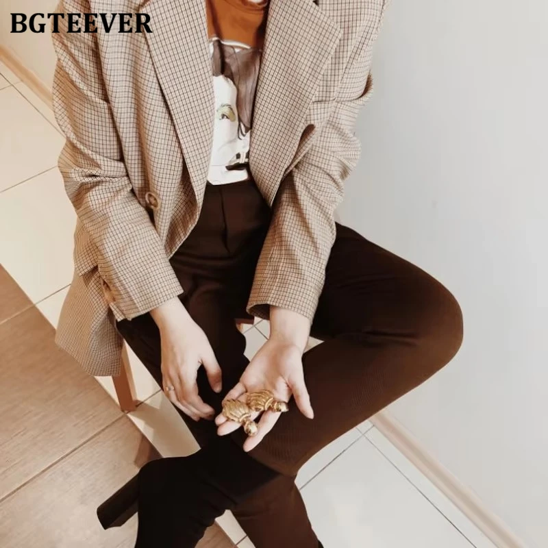 BGTEEVER Classic Plaid Double Breasted Women Jacket Blazer Notched Collar Female Suits Coat Fashion Houndstooth blazers