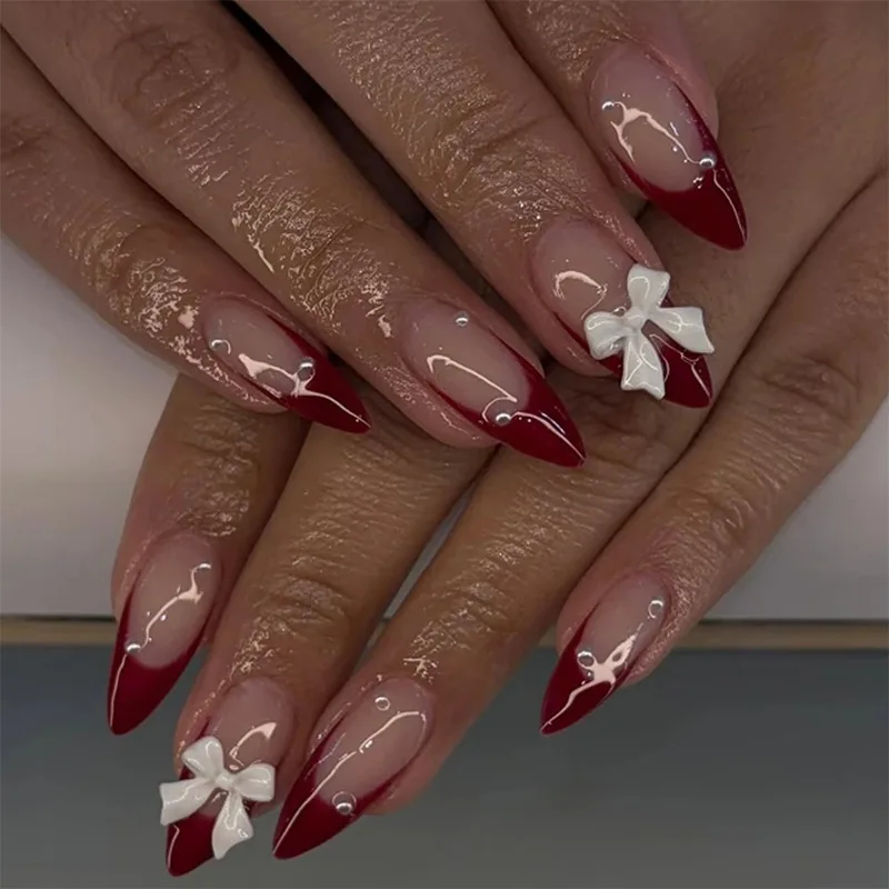 

24PCS Simple Wine Red French Stick on False Nail with 3D Bowknot Pearl Decor Fake Nails for Women Almond Wearable Press on Nail