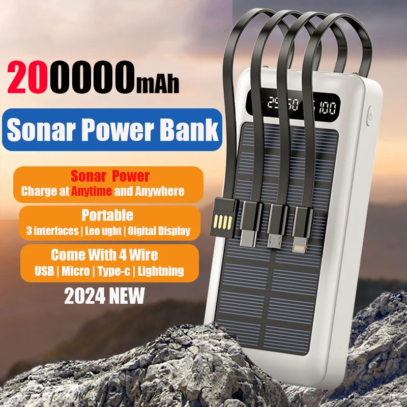 Bank daya Sonar portabel 200000mAh, dengan kabel baterai eksternal kompatibel dengan iPhone Samsung pengisi daya surya untuk luar ruangan