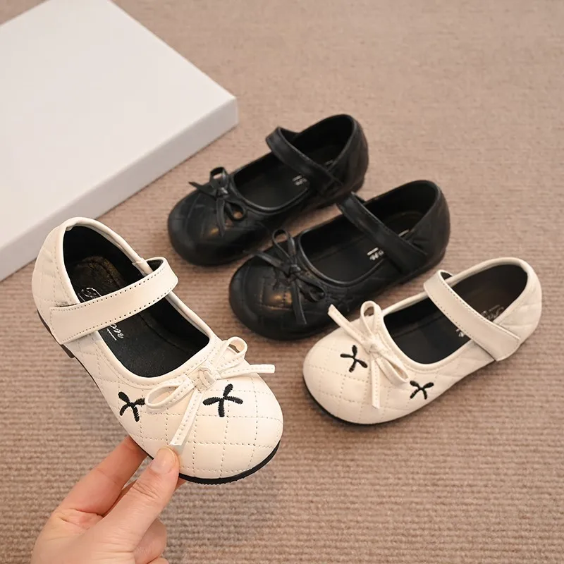 

Spring Girl's Princess Shoes Bowtie Sewing Elegant Solid Color Kids Flat Shoe Shallow Soft Pu Leather Round Toe Children Shoe