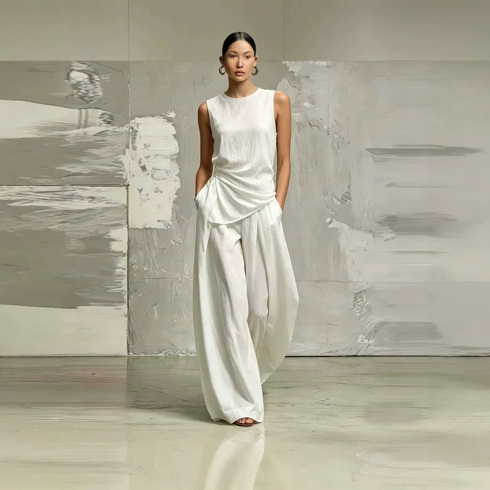 Women Fashion Casual 2‑Piece Outfit, Solid‑Color Crew‑Neck Sleeveless Loose Tank Top & High Waist Long Pants Matching Suit