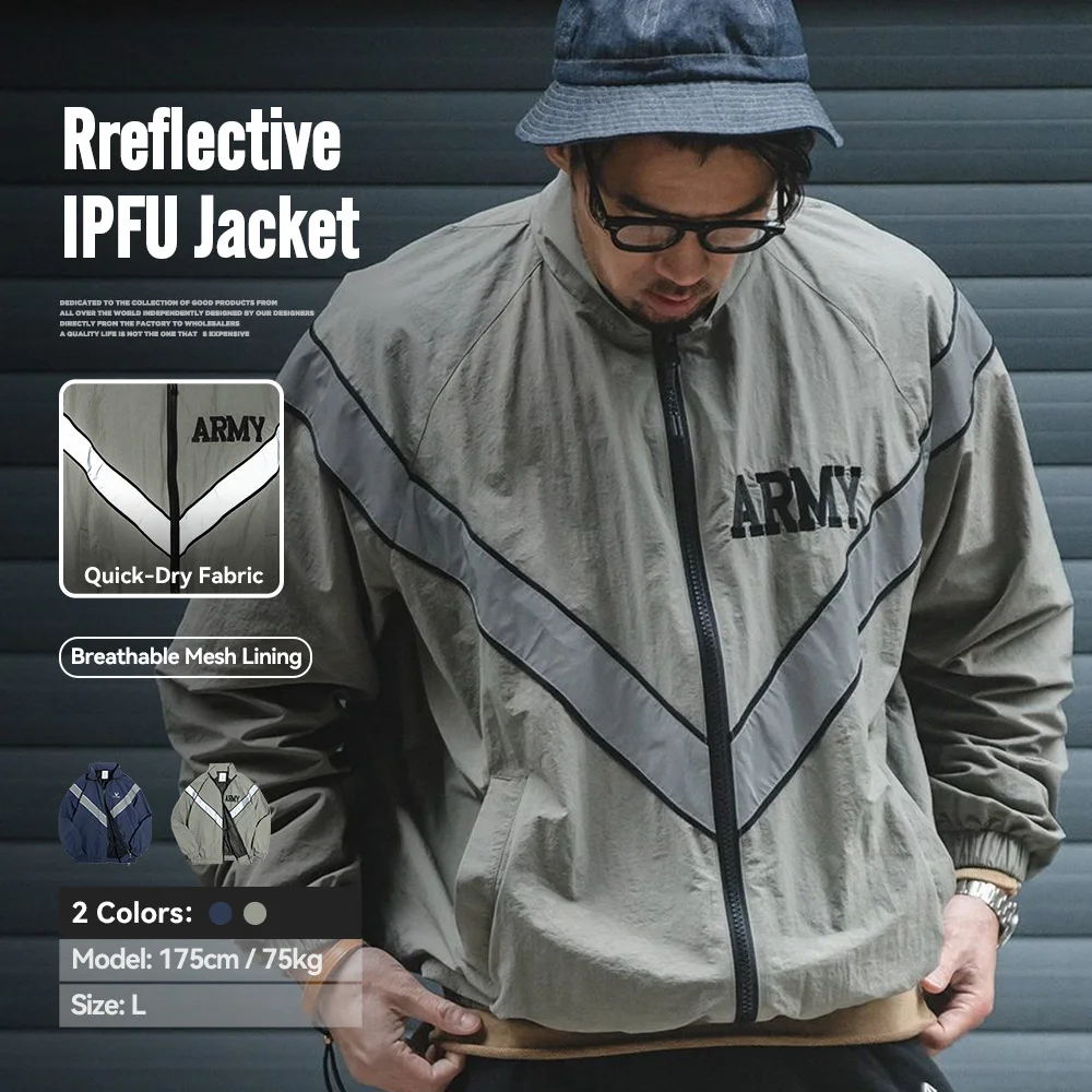 Maden ARMY Reflective Hooded Contrasting Color Bomber Jacket Sports Quick-drying Jacket Loose IPFU Training Suit for Men's Daily