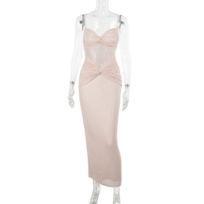 فستان ماكسي مثير بحمالات رفيعة شبكي مرقع لامع فستان نسائي قصير شفاف للحفلات فستان صيفي لربيع وصيف 2025