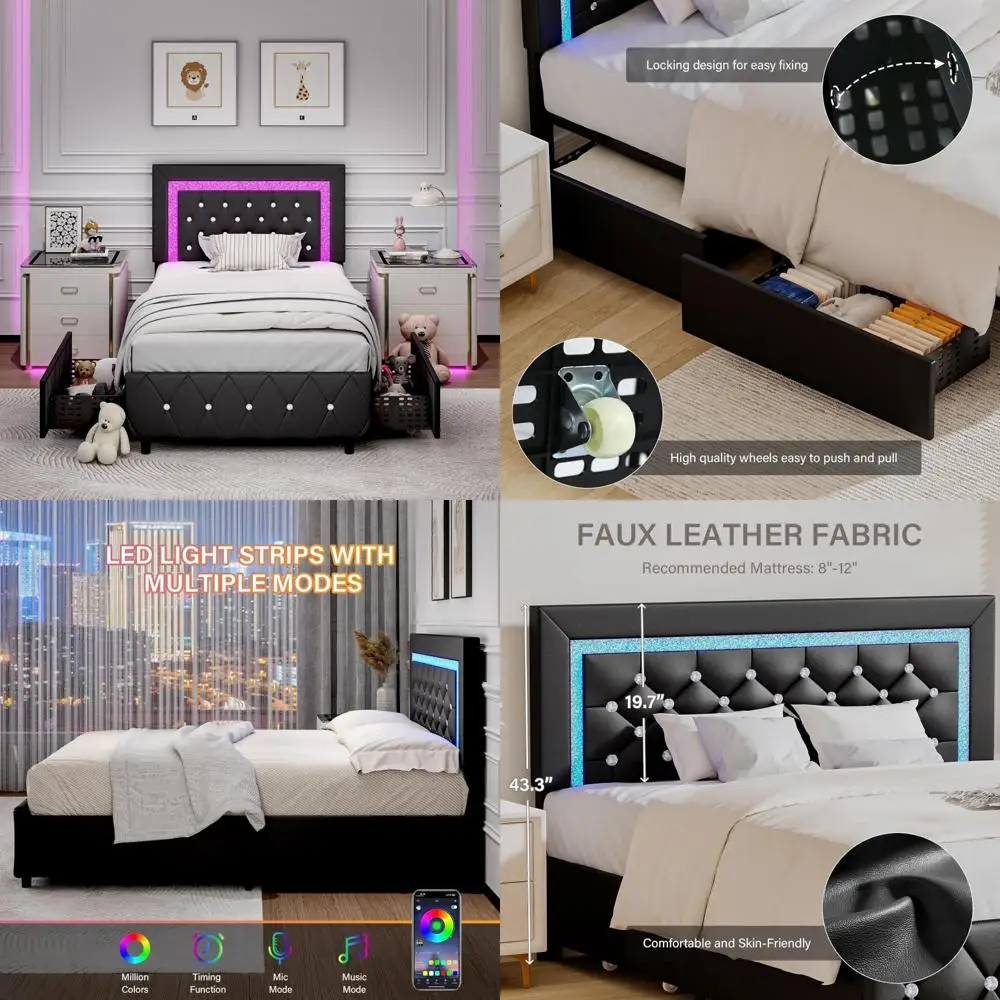 Twin Size Upholstered Bed Frame with LED Lighting and Storage, Diamond Tufted Headboard, Modern Faux Leather Design