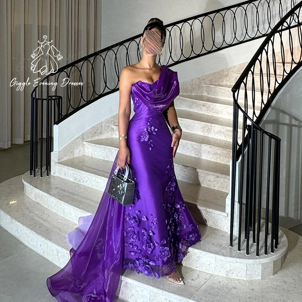 Giggle One-Shoulder Luxury Appliques Satin elegant prom dress fairy Mermaid Floor Length Saudi Royal Purple dresses for women