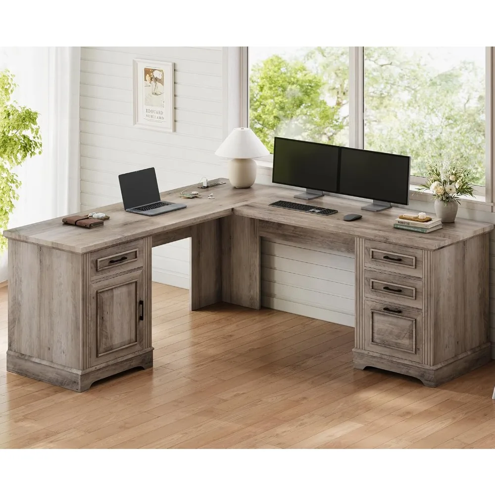 

"L-Shaped Farmhouse Executive Desk with Storage and File Drawer for Home Office, Including Power Outlets"
