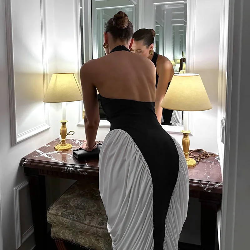 Verão sexy preto sem mangas hater bodycon midi vestido feminino dobras branco sem costas festa streetwear vestido de noite roupas moda