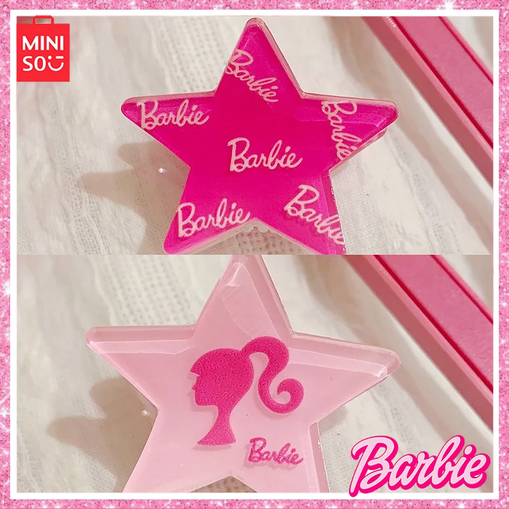 Miniso Barbie Y2K Cute Pink Star Letter Acrylic Heart-Shaped Clasp Five Point Star Compact Hairpin Girl Kid Bang Hair Clip Gift