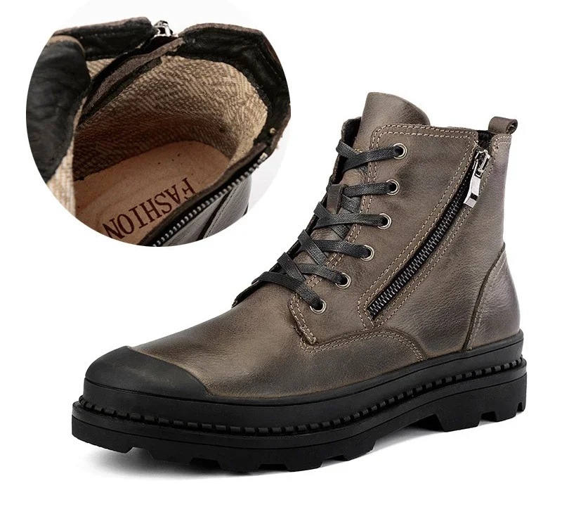 Botas de cuero para Hombre, zapatos de senderismo hechos a mano con cabeza redonda, Botas con plataforma para caminar con cordones y cremallera lateral, Botas Militares para Hombre