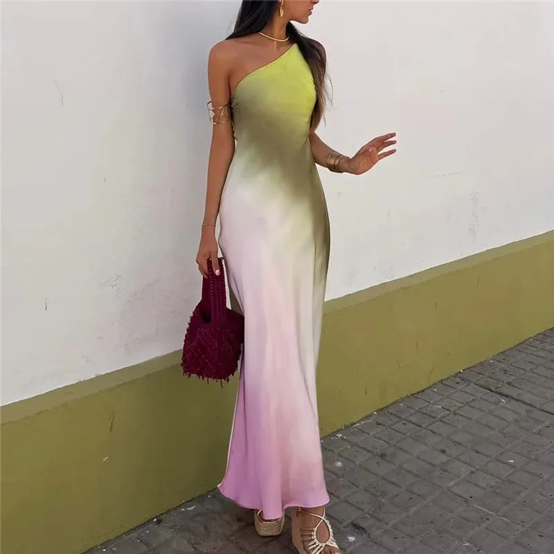 

Tie Dye Long Dress Women Asymmertic Satin Backless Dress Woman Off Shoulder Sexy Evening Party Dresses Midi Summer Dresses