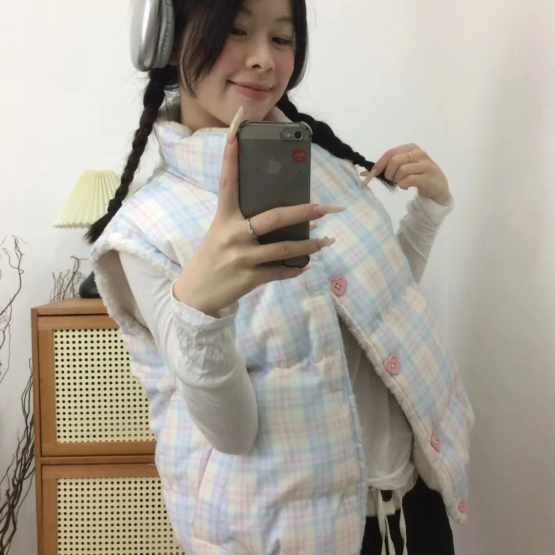 Women's Sweet Heart Two-Sided Wear Lamb Fur Vest Loose Thickened Autumn Winter Cotton Jacket Outerwear Cardigan Style Polyester