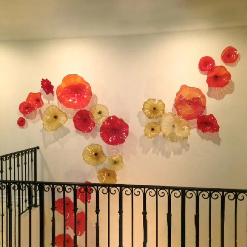Creative Lotus Leaf Wall Art Plates Modern Murano Glass Wall Art Decor Orange Red Amber Color