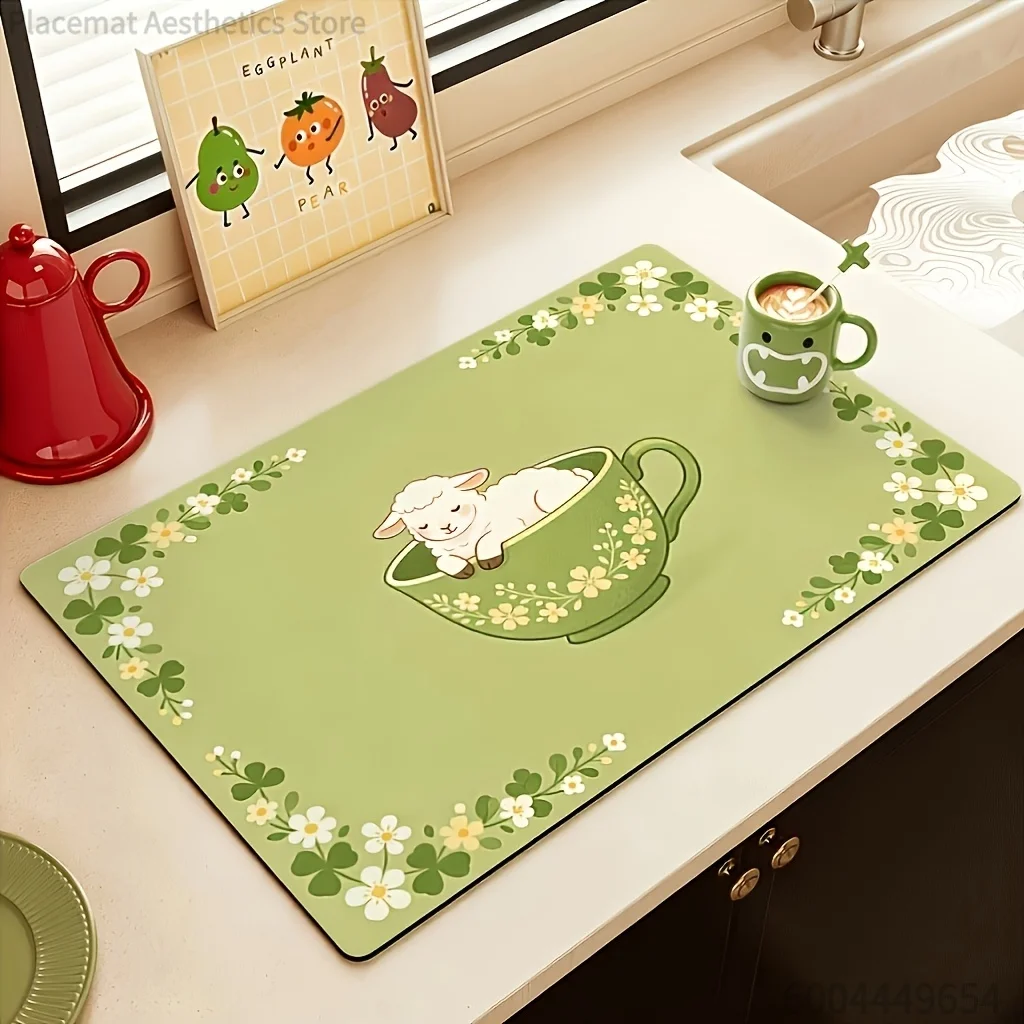 Floral & Cartoon Animal Print Super Absorbent Drying Mat, Waterproof Kitchen Drain Pad, Decorative Placemat for Coffee Maker