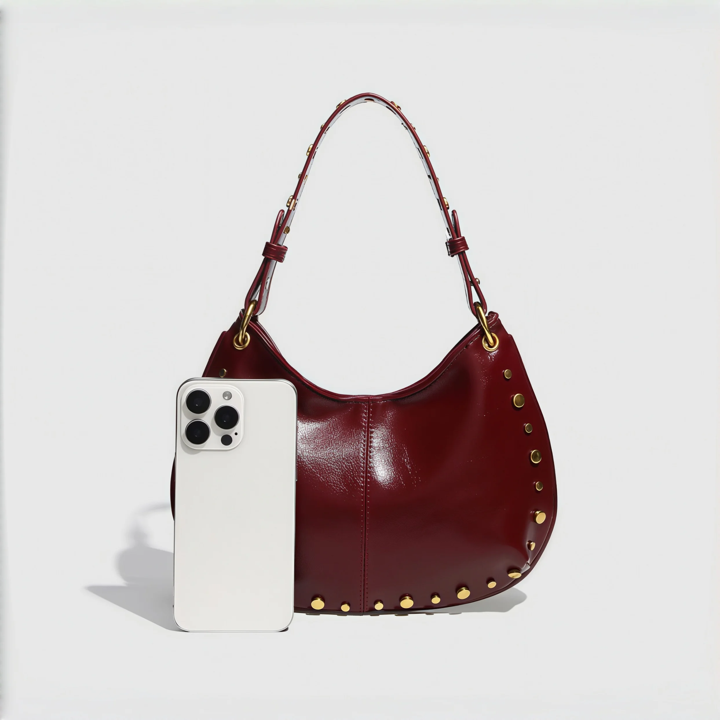 Vintage Rivet Underarm Bag For Women Glossy PU Leather Crescent Shoulder Bag Detachable Chain Crossbody Handbag For Outfits