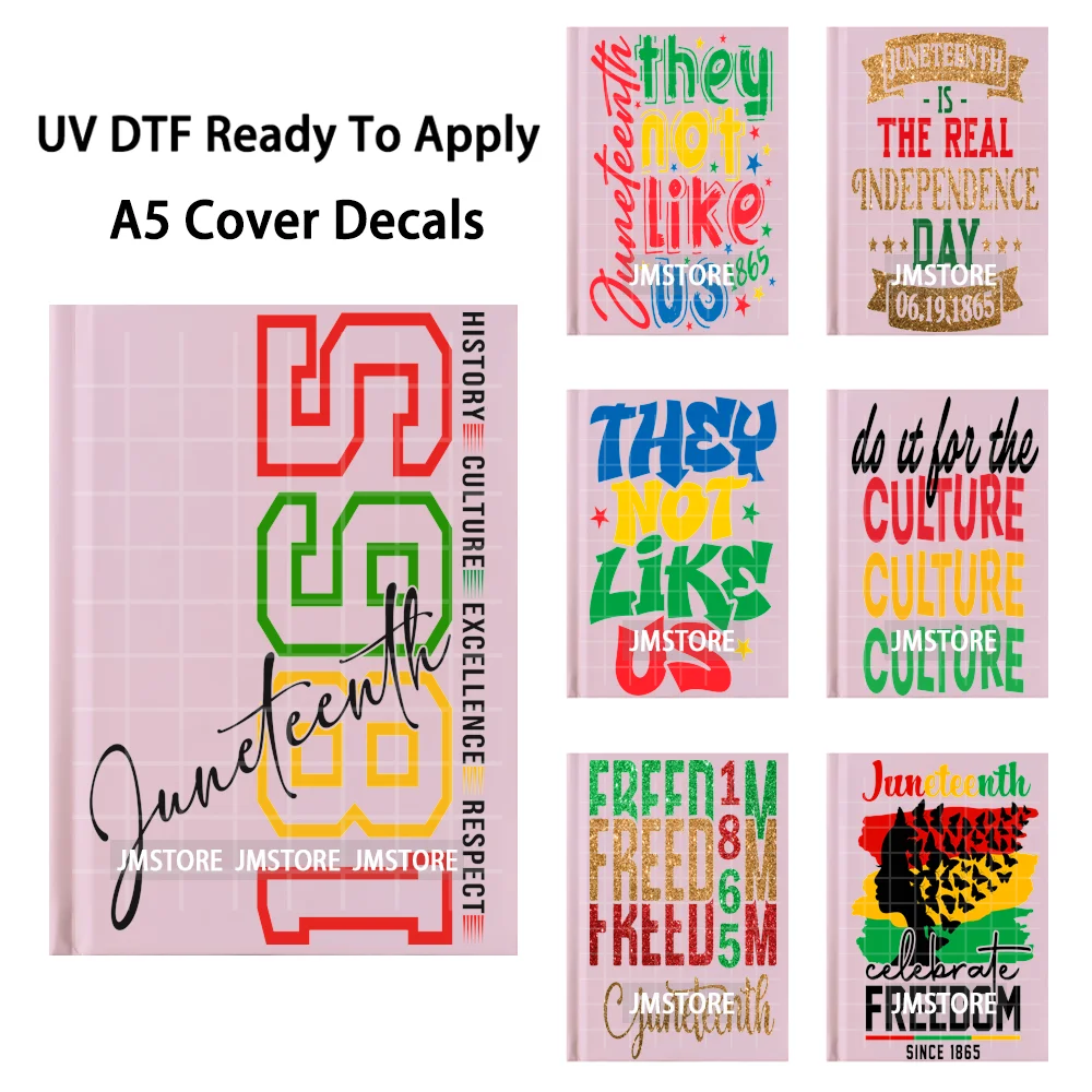 

Наклейки-декали для обложки блокнота A5 с изображением фраз на тему свободы и Дня памяти о рабстве (Juneteenth), готовые к нанесению, долговечные, с технологией UV DTF.