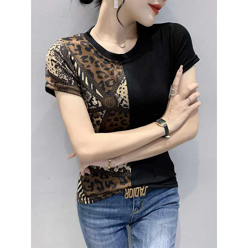 Summer Y2K Leopard Patchwork Thin Short Sleeve Tops Women Vintage Loose O-neck T-Shirt