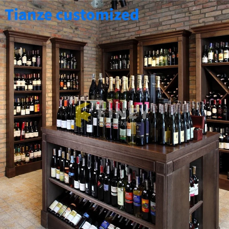 Estantería de madera personalizada para decoración de interiores, estante de vino montado en la pared, muebles de tienda de vino al por menor, diseño personalizado