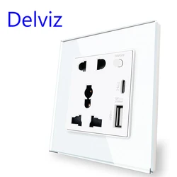 Delviz Type-C Interface Socket, Crystal Glass Panel,Universal international,Wall 2A USB Port Socket, Switch control Power Outlet