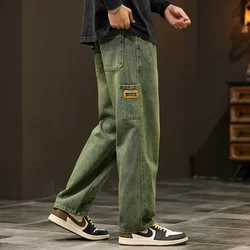 Jeans Men Baggy Pants Wide Leg Spring Straight Loose Fit Blue Green Denim Pants Streetwear Fashion Pockets Vintage Man Clothes