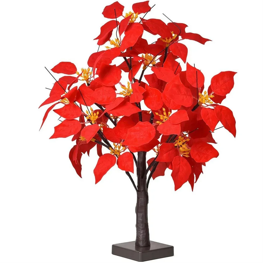 Árvore de flor de poinsétia artificial iluminada de 60cm, árvore de natal operada por bateria, árvore de poinsétia para decoração de férias