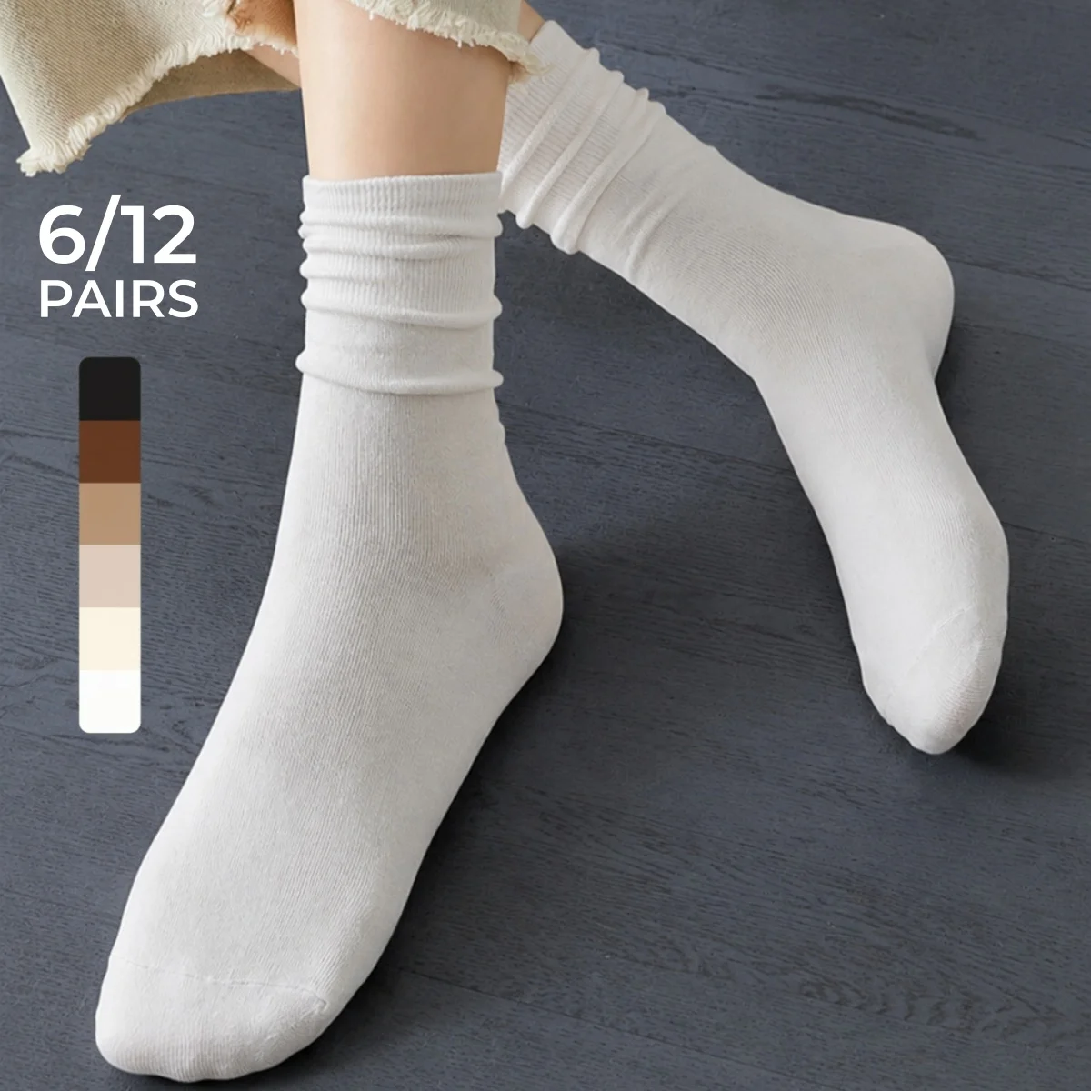 6/12 Pairs of Multi-Colored Women's Mid-Calf Socks, Solid Color Knit Breathable Versatile Student Slouch Socks, Lolita Style, Suitable for Pairing with Small Leather Shoes, Comfortable, Breathable, Moisture-Wicking, Su