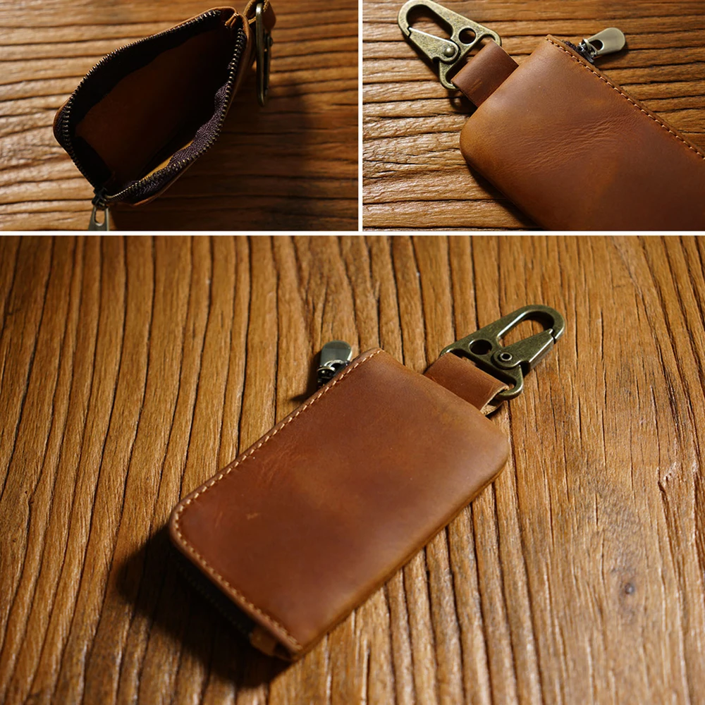 

Multi-Functional Leather Coin Purse with Keychain Ring Key Holder Wallet with Carabiner Hook for Coins, Keys & Cards Mini Purse