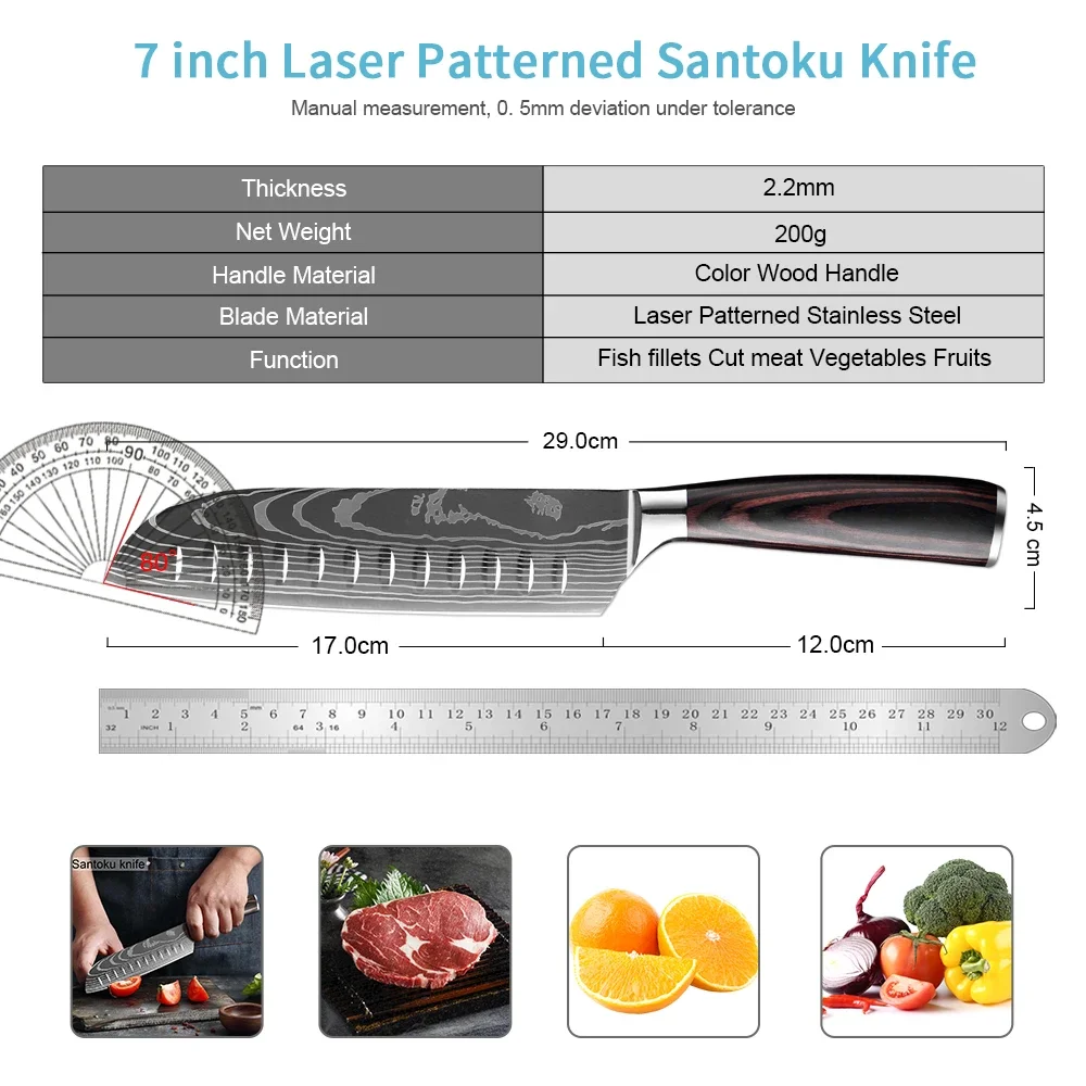 7Inch Santoku Knife Kitchen Cooking Knife,High Carbon Stainless Steel Japanese Chef Knife Full Tang Vegetable Meat Cutting Knife