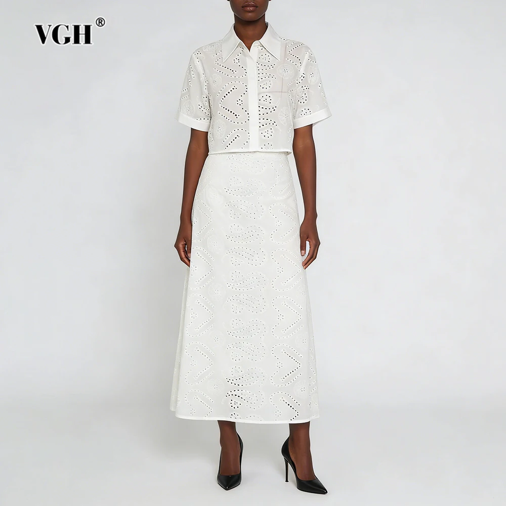 

VGH Casual Solid Slimming Two Piece Sets For Women Lapel Short Sleeve Top High Waist Skirt Summer Cute Set Female Fashion New